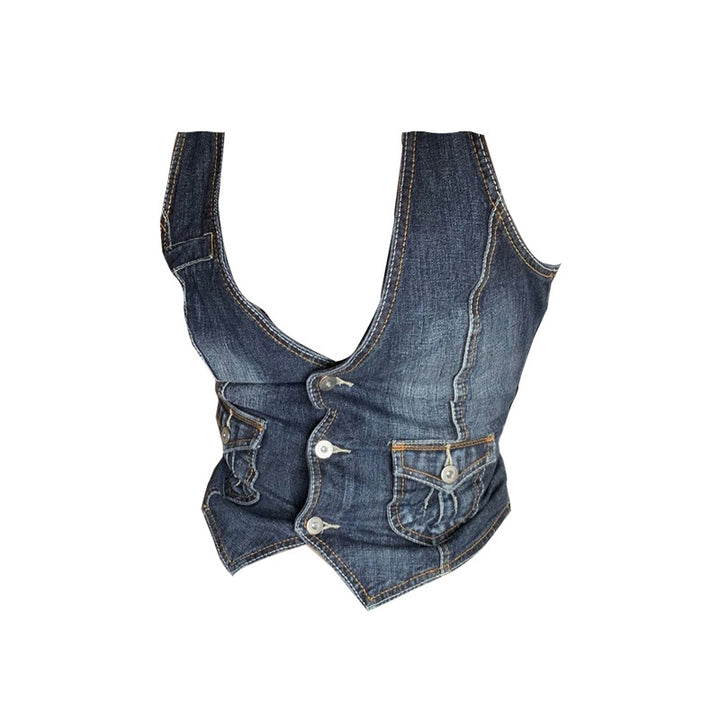 Women's denim bustier jacket with nostalgic lace insert and decorative button details Lune London