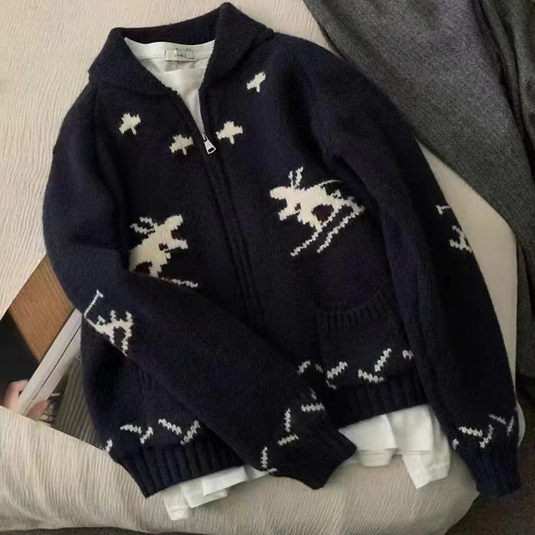Veste tricotée confortable pour femme avec imprimé animal et fermeture éclair Chic & Stil