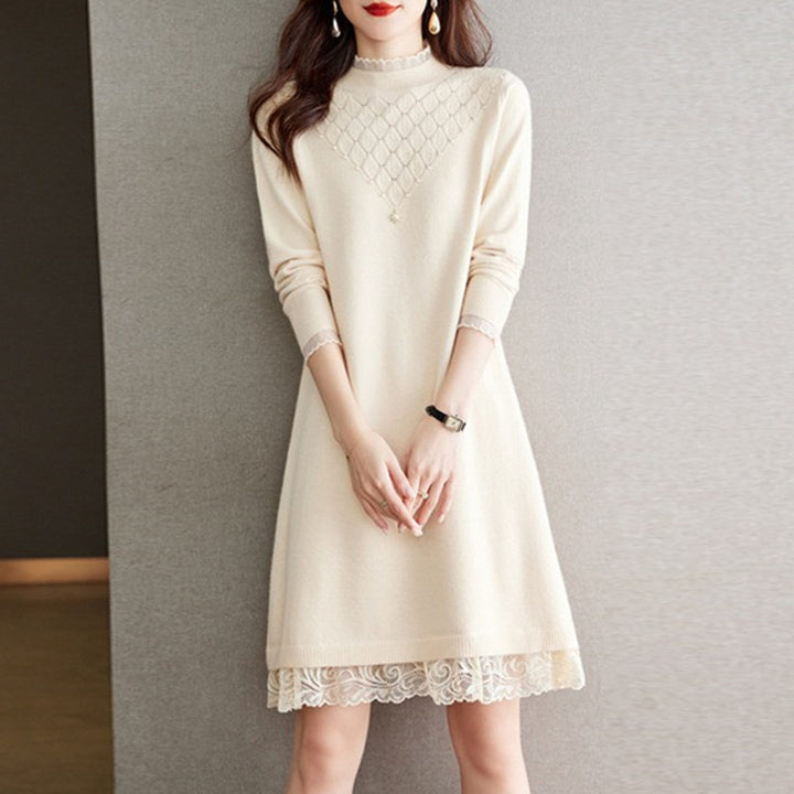 Knit dress for ladies with high collar and lace finish Lune London
