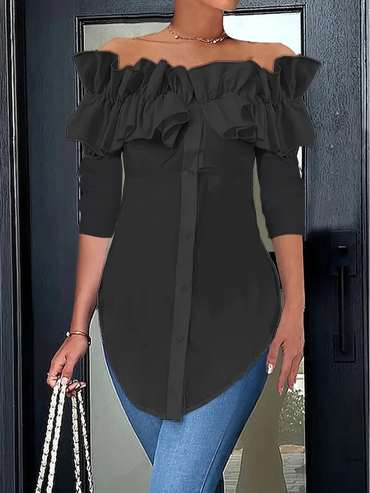 Women's off-shoulder blouse with ruffles and button placket Lune London