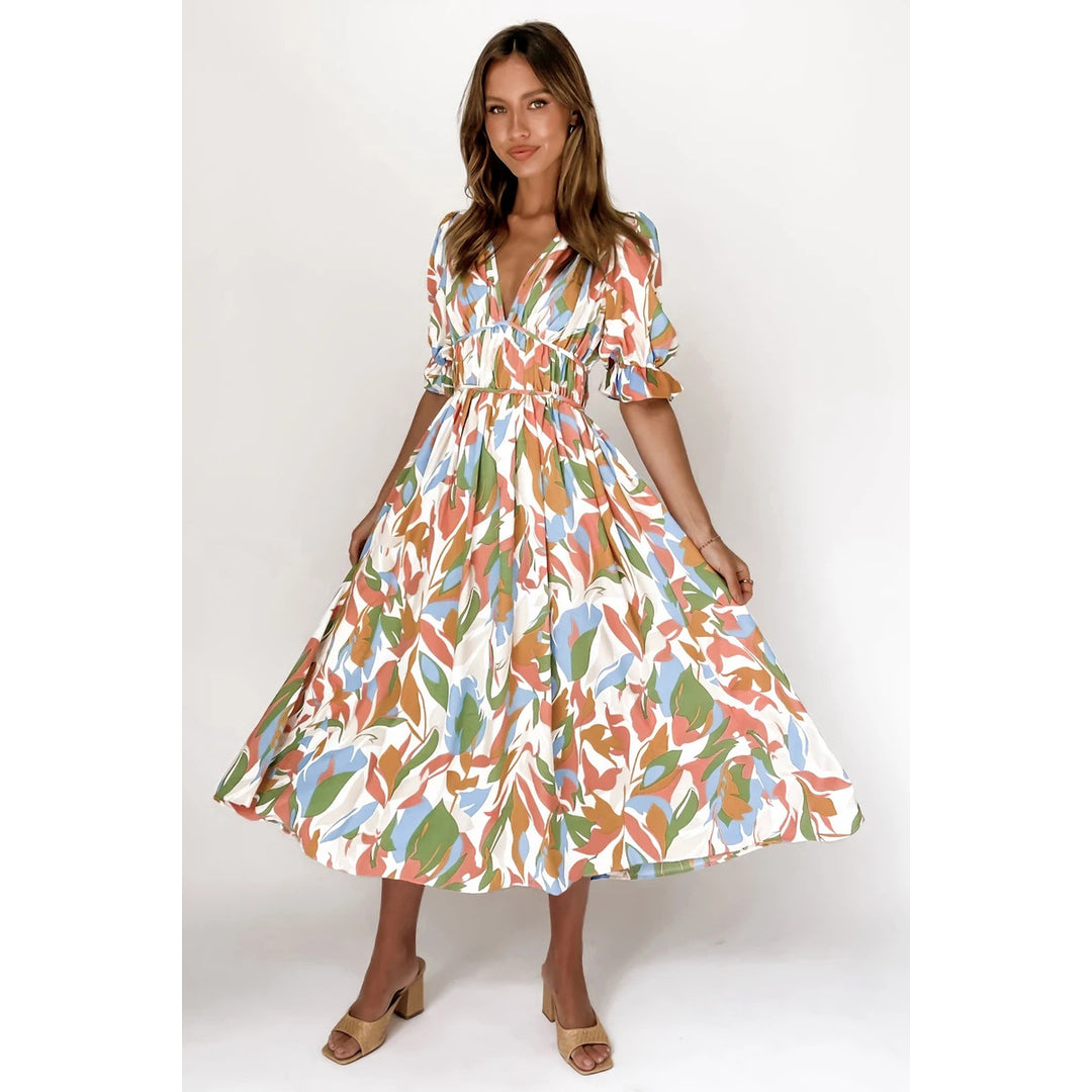 Women's maxi dress with casual V-neck and elastic waist drawstring Lune London