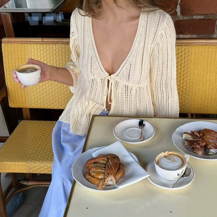 Women airy cardigan with deep V-neck and tie Lune London
