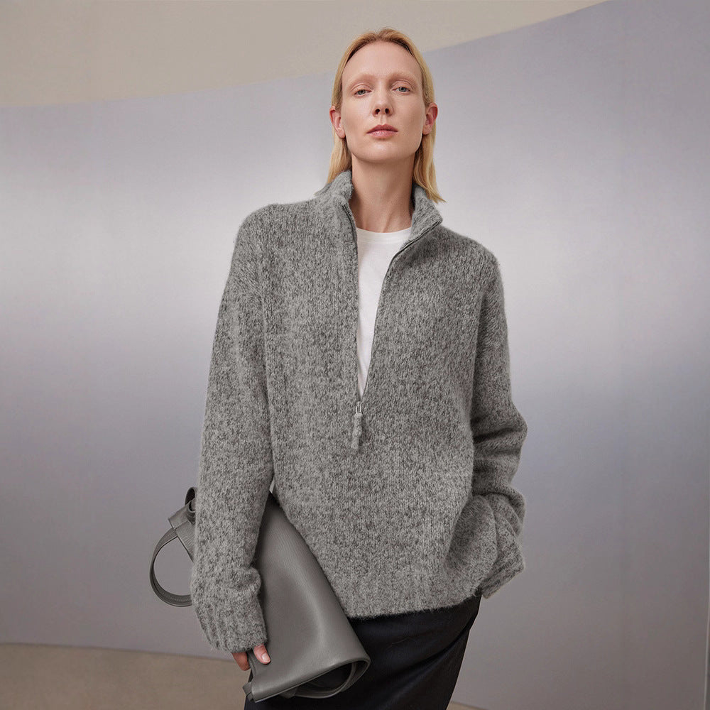 Pull en maille épaisse pour femmes avec col montant et demi-fermeture éclair Chic & Stil
