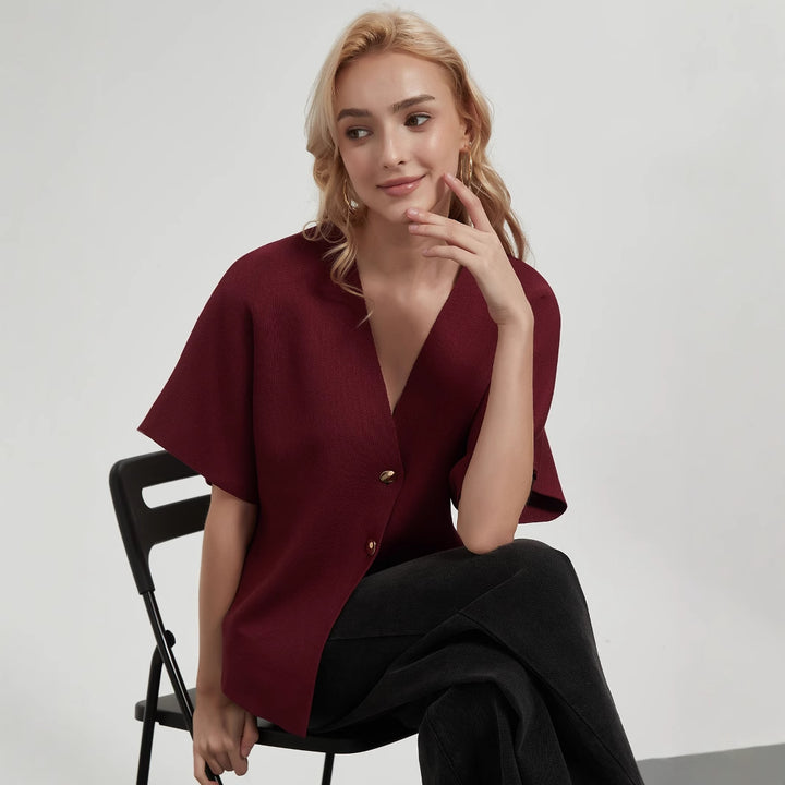 Ladies fashionable cardigan with deep V-neck and elegant button placket Lune London