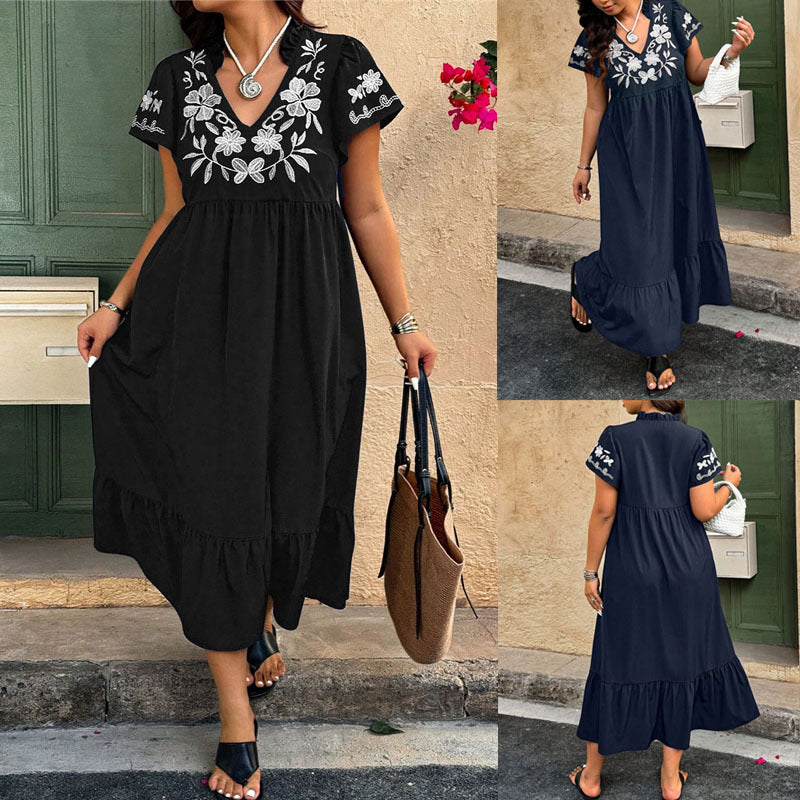 Maxi dress for women with embroidered floral design and voluminous skirt Lune London