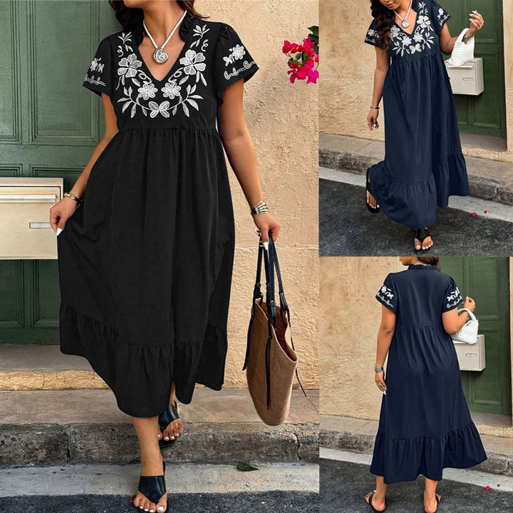 Maxi dress for women with embroidered floral design and voluminous skirt Lune London