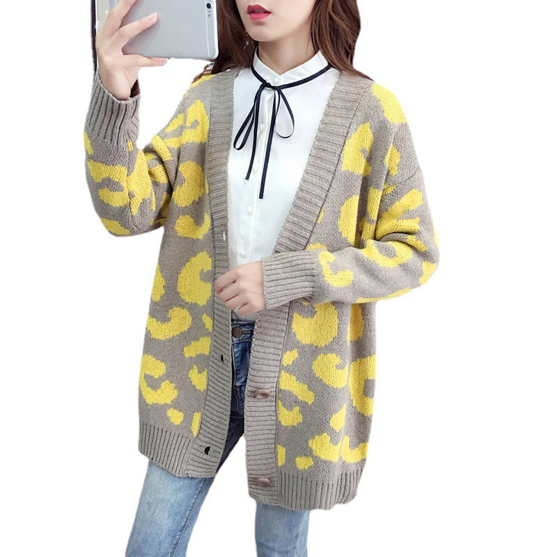 Ladies chunky knit cardigan with a striking leopard print and large button details Lune London