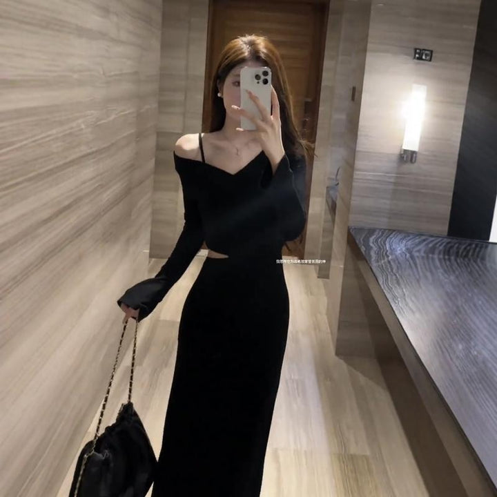 Women's elegant dress with asymmetric neckline and cut-out detail
