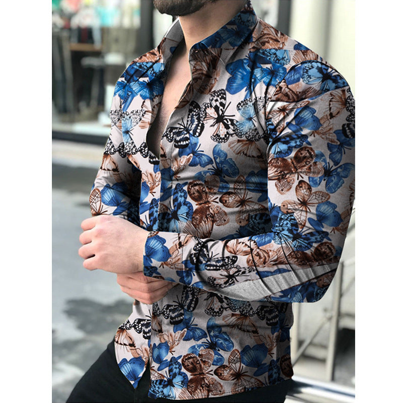 Men's long sleeve shirt with chic butterfly floral design