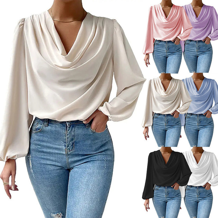 Elegant blouse for women with deep V-neck and casual puff sleeves Lune London