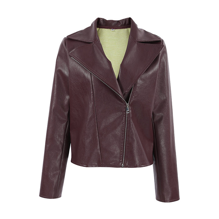 Synthetic leather biker jacket for women with a slim fit and chic metal zippers.