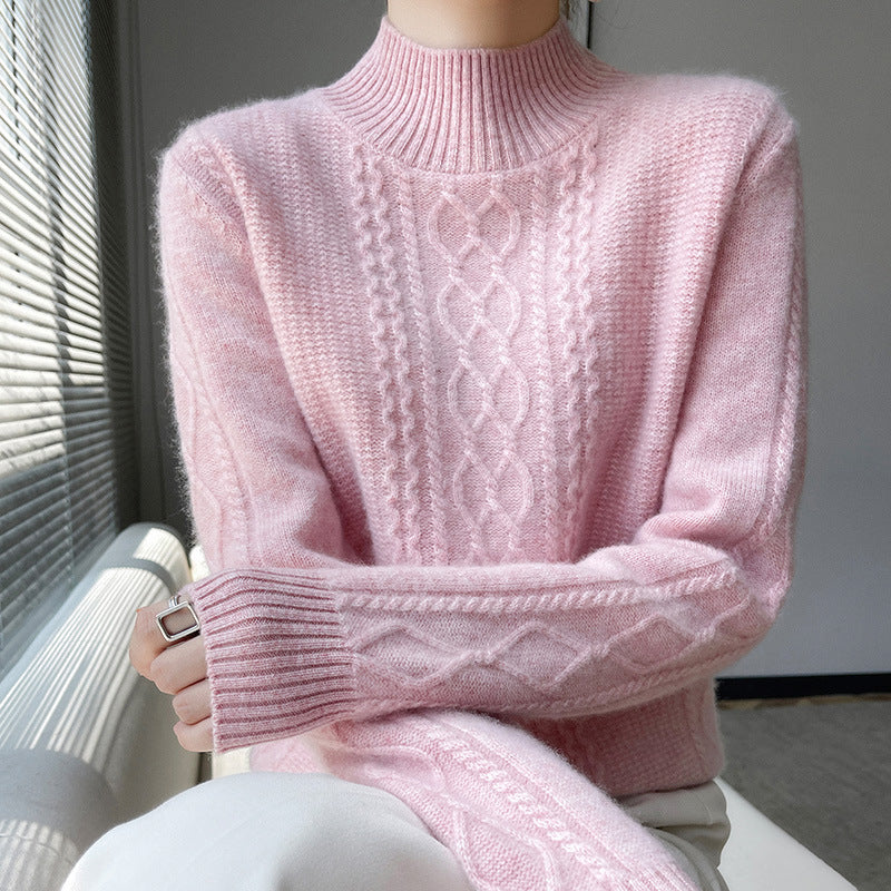 Womens knitted sweater with an elegant cable pattern and a high closed collar Lune London