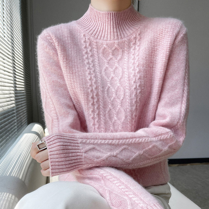 Womens knitted sweater with an elegant cable pattern and a high closed collar Lune London