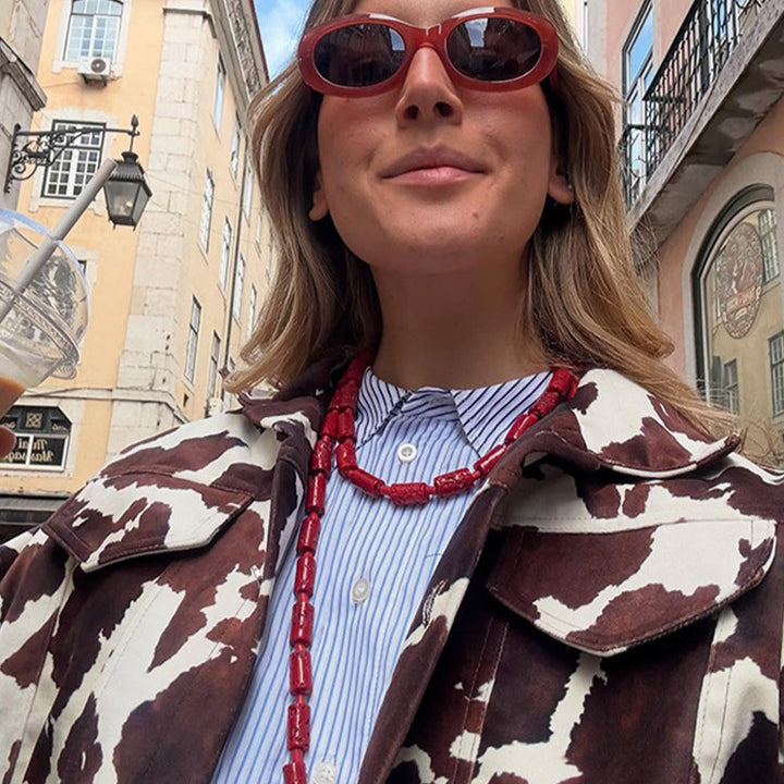 Faux leather jacket for women with a modern design in cow print Lune London