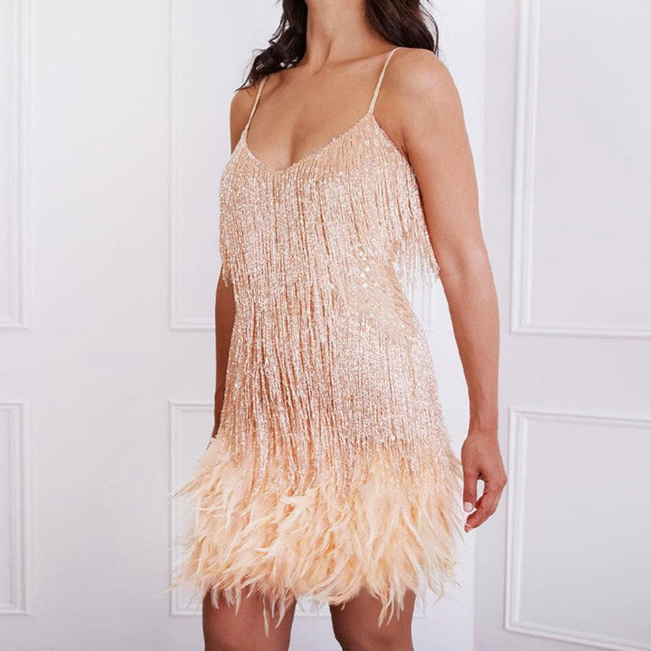 Lune London | Neckline Strap Dress with Feather Embroidery