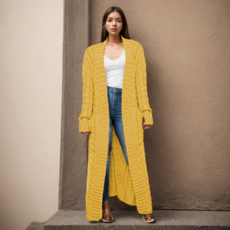 Ladies Long knit cardigan with structured twisted pattern and practical pockets Lune London