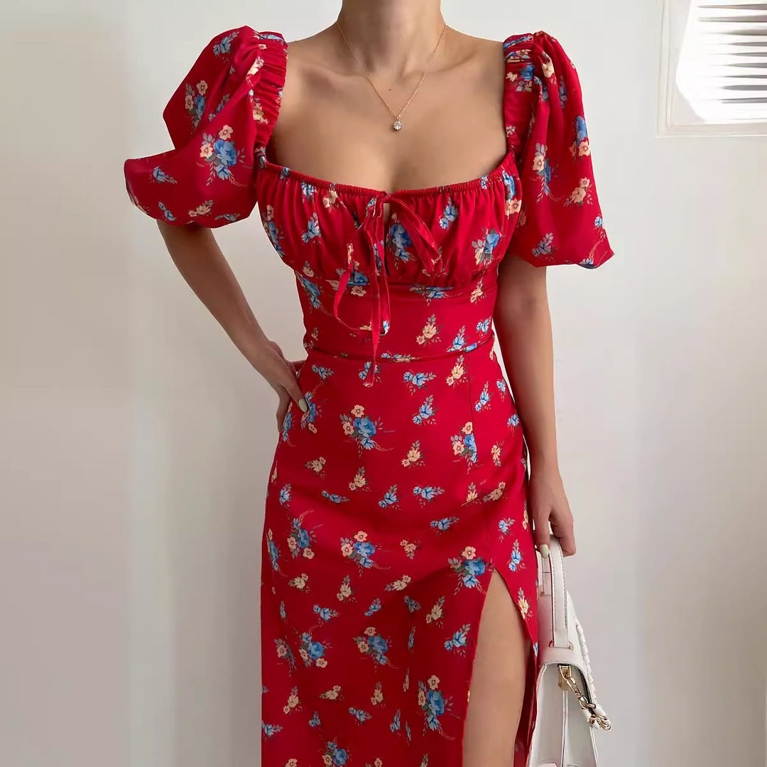 Floral print maxi dress for women with puff sleeves and high slit Chic & Stil