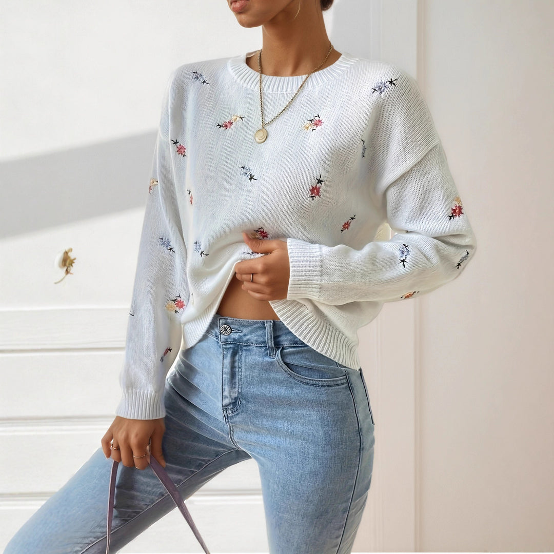 Knit sweater for women with floral embroidery details and a relaxed fit Lune London