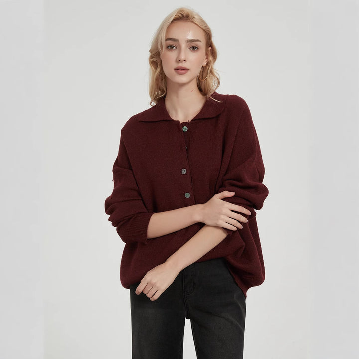 Ladies oversized knit sweater with elegant collar and button details Lune London