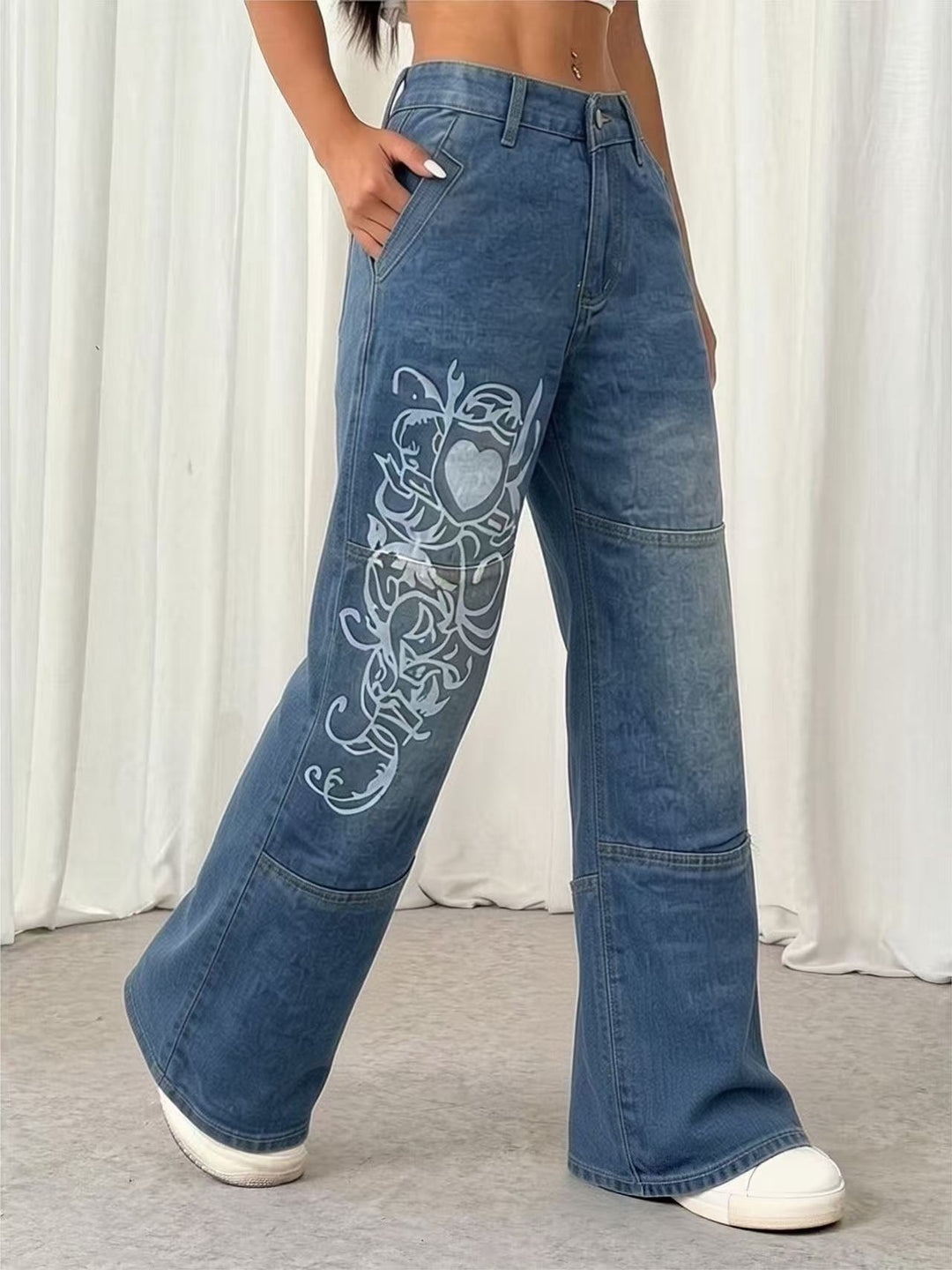 Women's wide jeans with intricate print Lune London