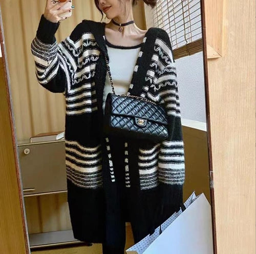 Women's knit coat with hood and trendy striped pattern Lune London