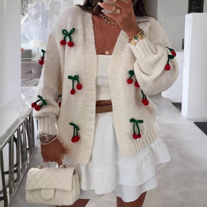 Knitted jacket for women with cheerful cherry pattern Lune London
