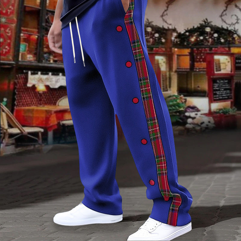 Lune London men's casual sports pants with side buttons and plaid pattern