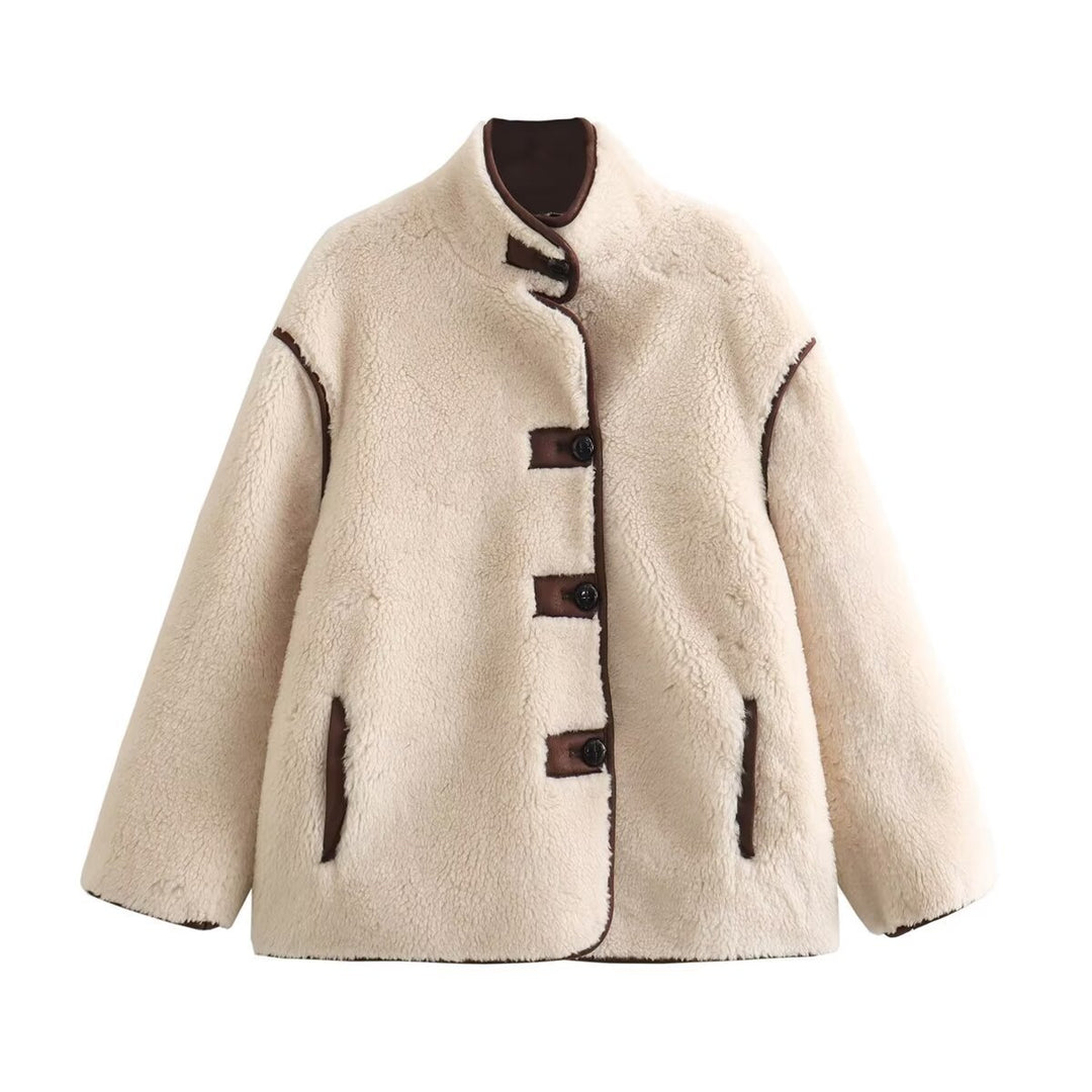 Faux fur jacket for women with a stylish high collar and practical pockets Lune London