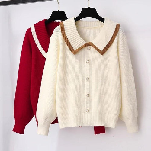 Women’s knit jacket with contrasting collar and decorative pearl buttons Lune London