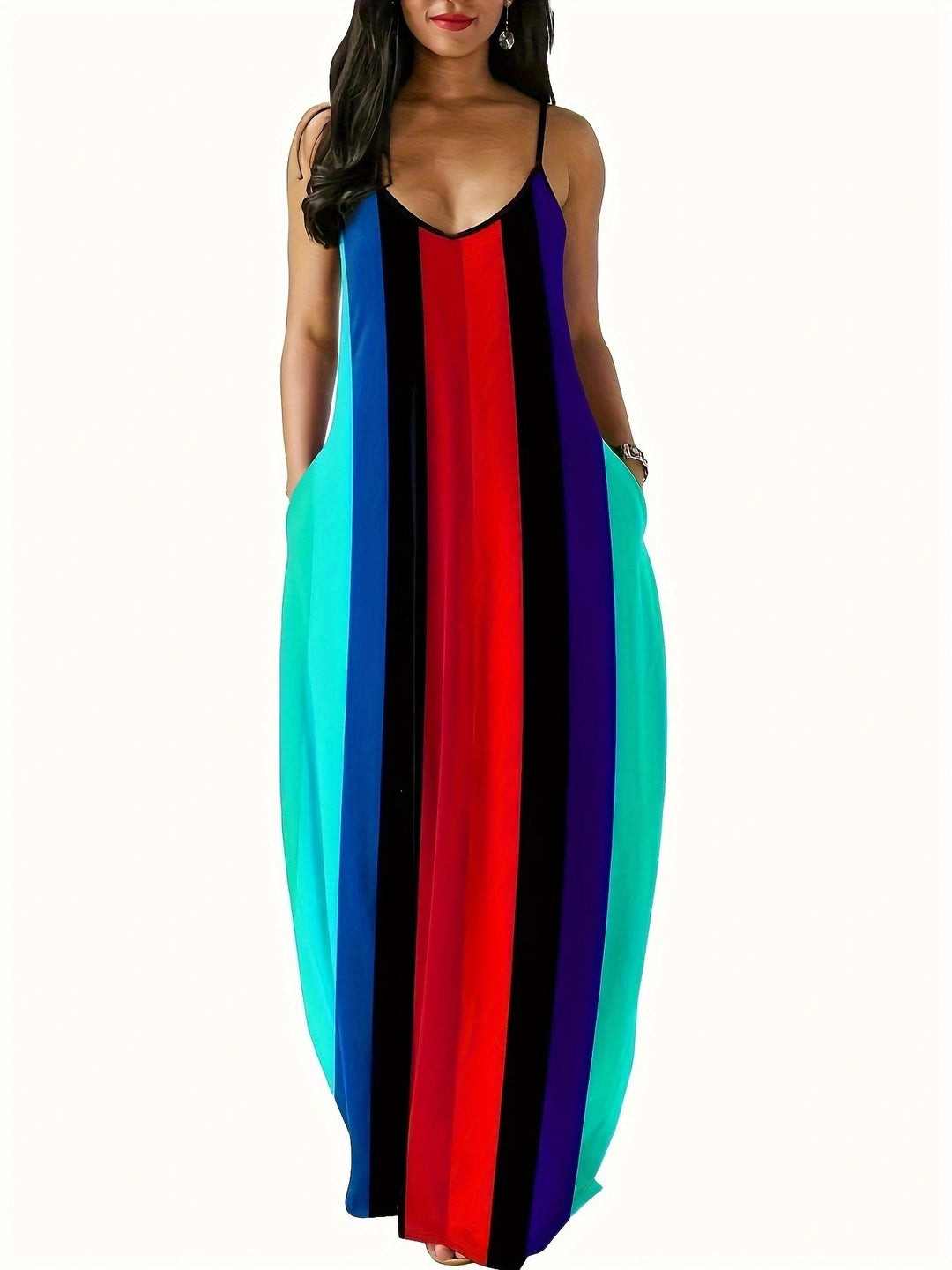 Maxi dress for women with plunging V-neck and elegant striped pattern Lune London