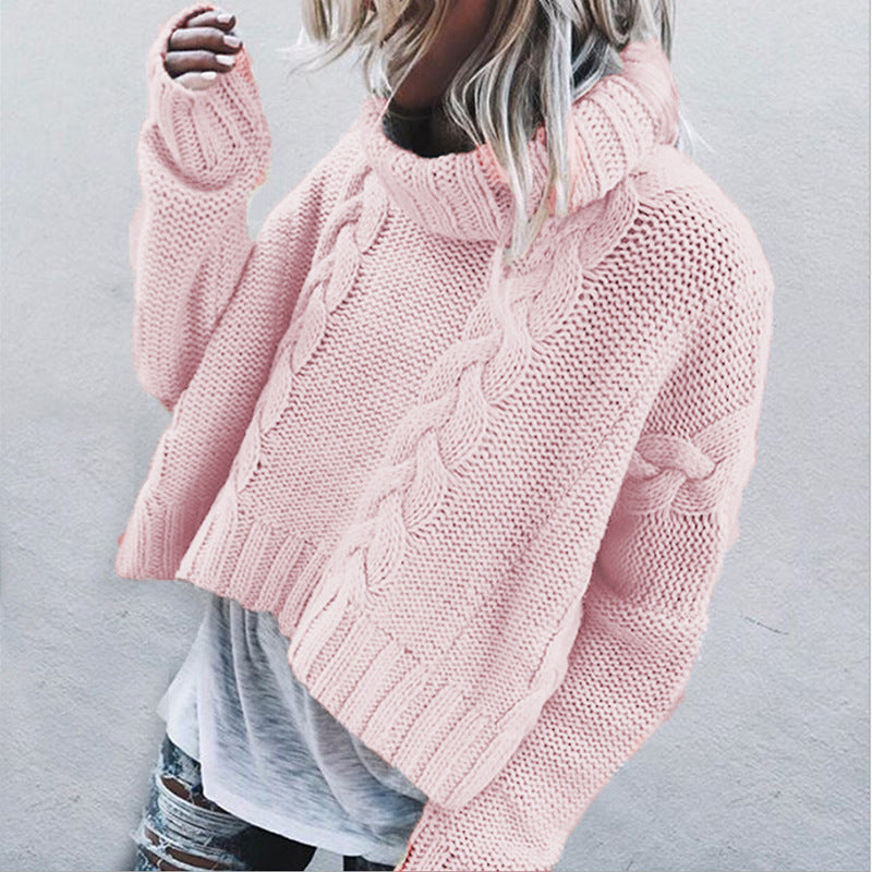 Chunky knit sweater for women with a high collar and strategically placed relief patterns.