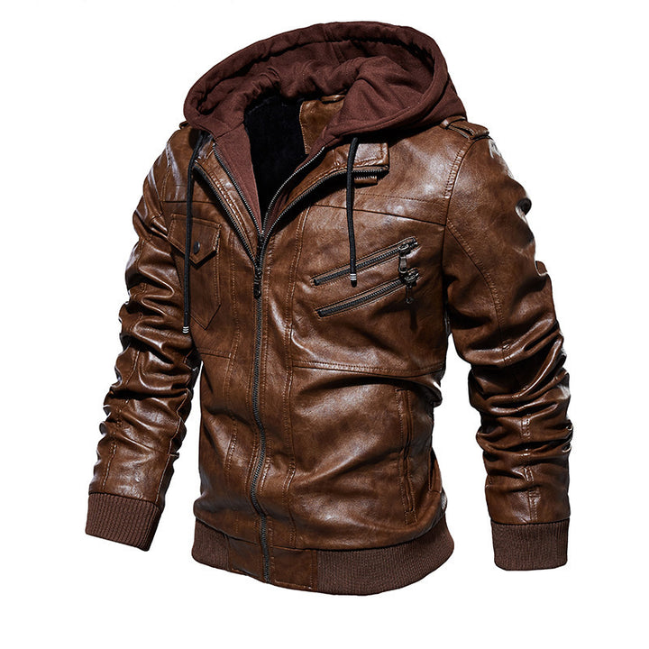 Casual synthetic leather jacket for men with removable hood and multiple pockets Lune London