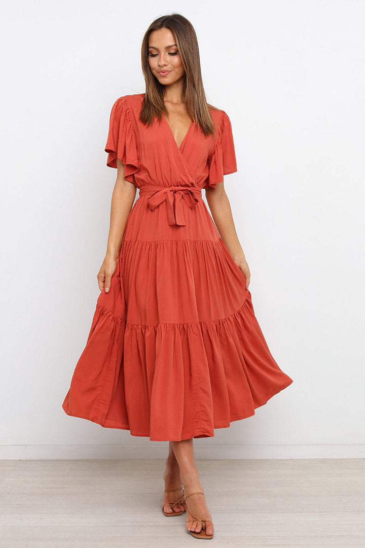 Lune London Fluid maxi dress for women with tie-up belt and butterfly sleeves