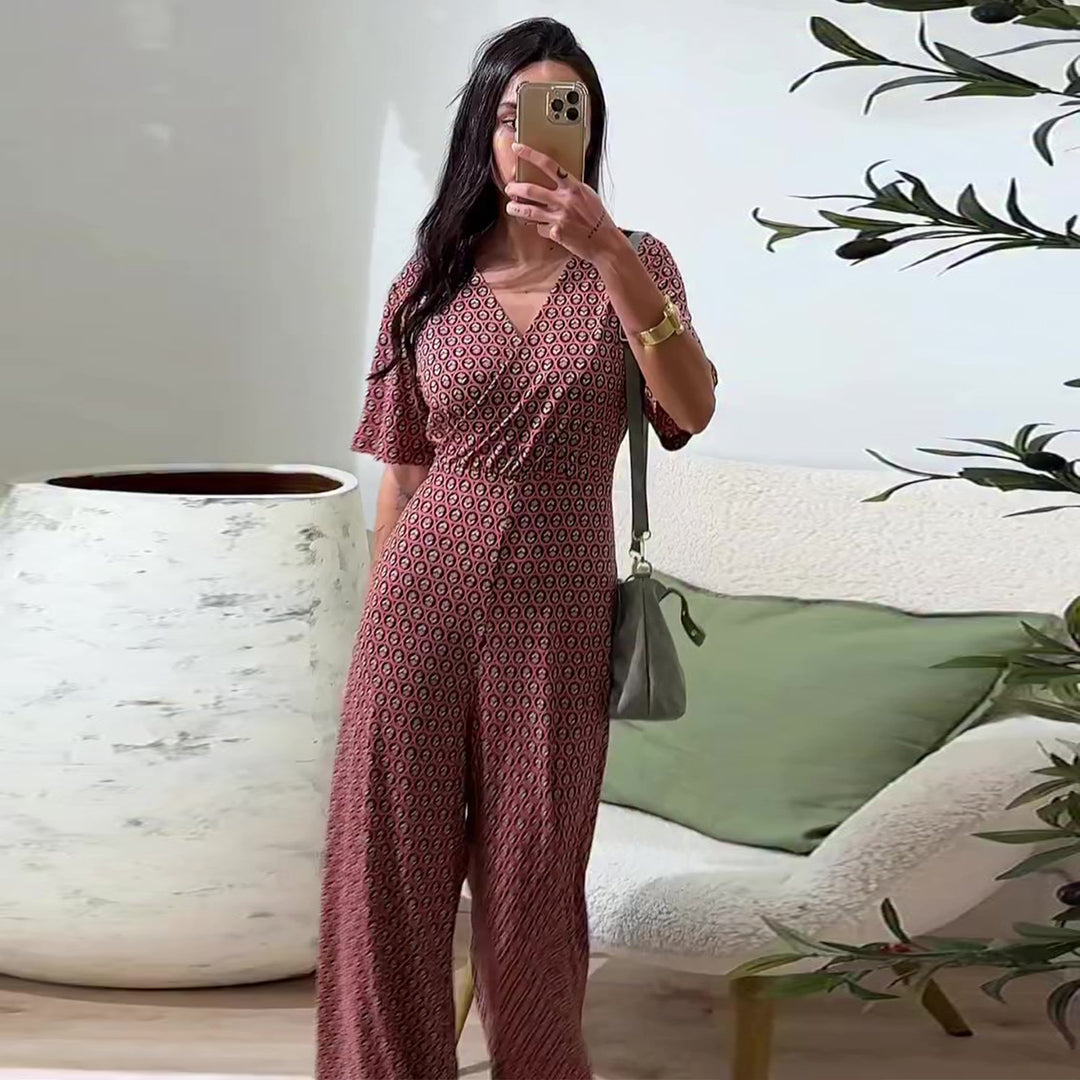 Women's jumpsuit with elastic waistband and deep V-neck Lune London