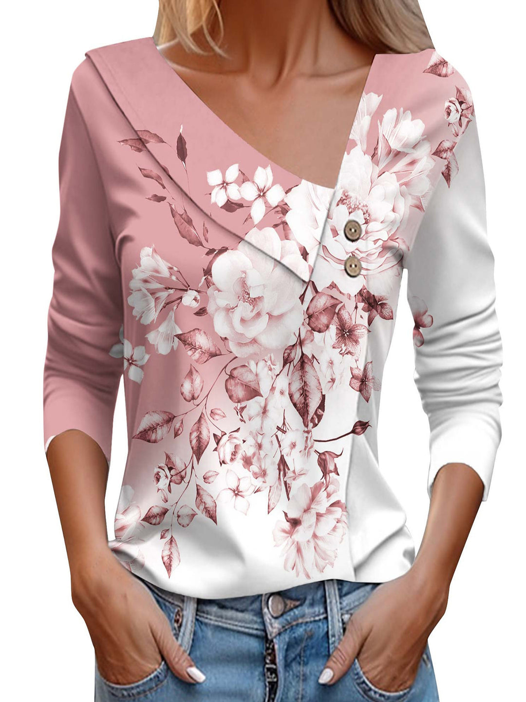 Ladies' blouse with floral appliqué and modern button details Lune London