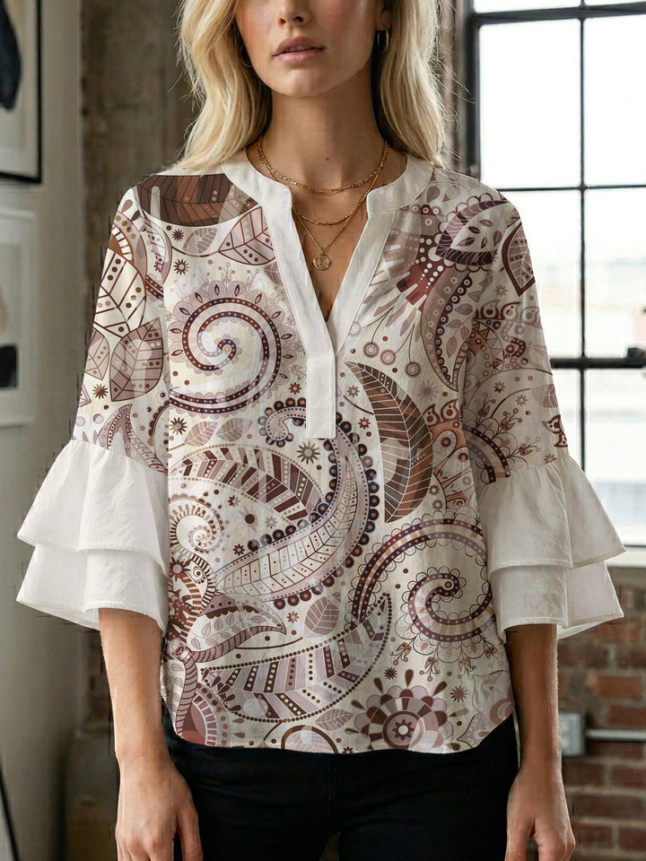 Women's blouse with voluminous ruffle sleeves and creative floral design Lune London