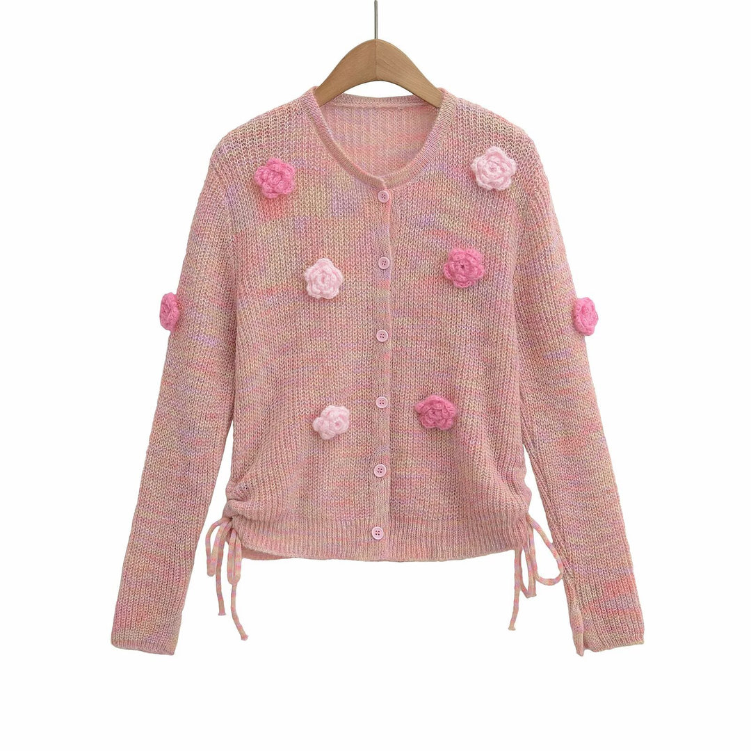 Ladies cardigan with floral appliqués and adjustable hem Lune London