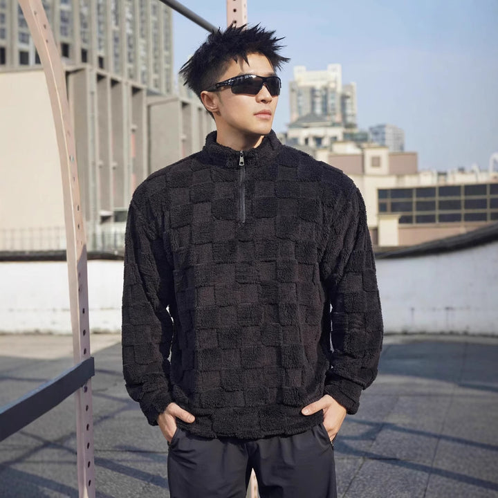 Men's fleece pullover with structured surface texture and high collar Lune London