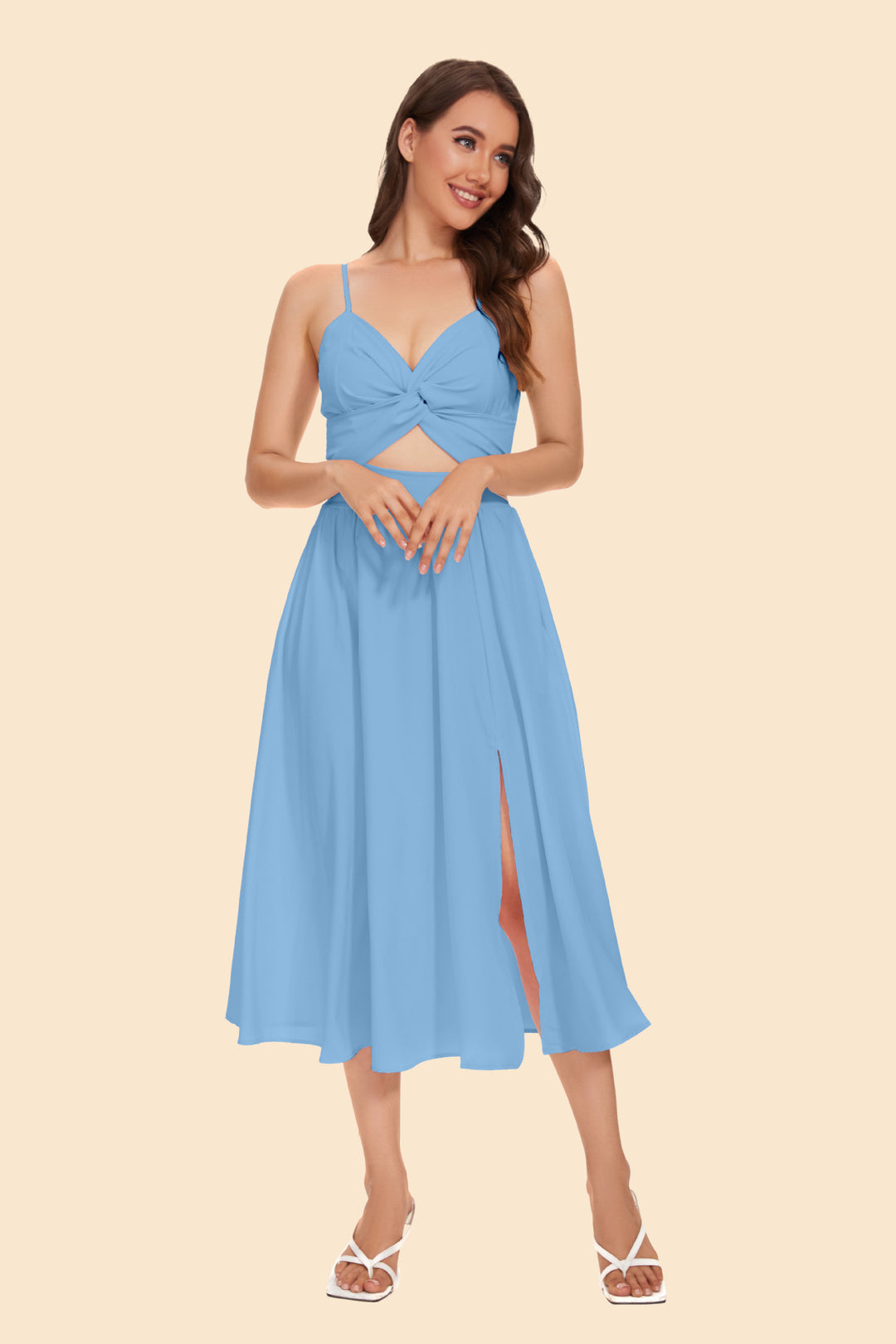 Women's two-piece ensemble with elegant knot-free blouse and flowing skirt with slit Lune London