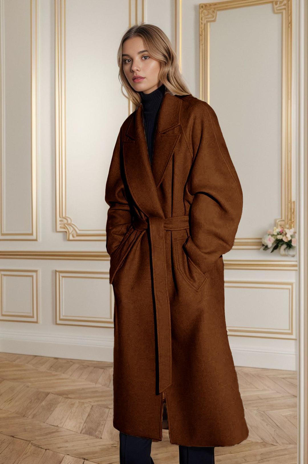 Elegant long coat for women with wide lapels and belt Lune London