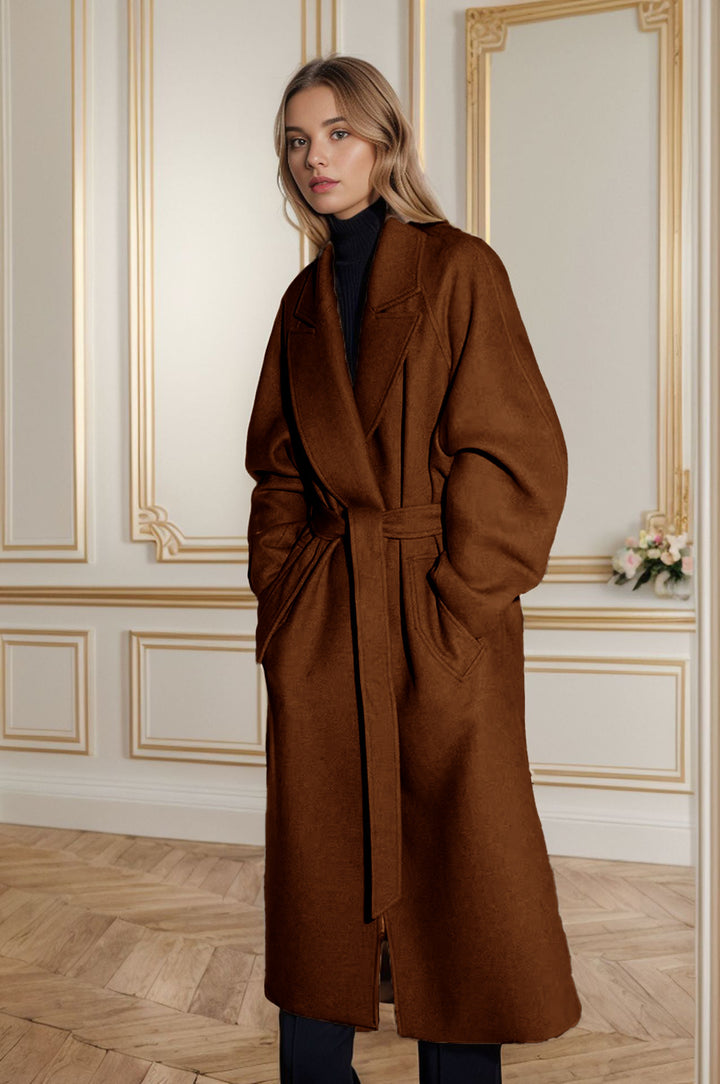 Elegant long coat for women with wide lapels and belt Lune London