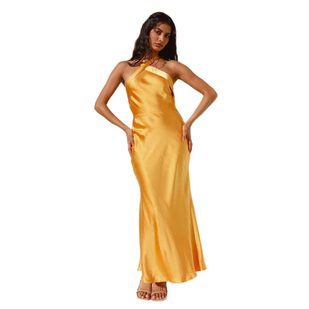 Long satin evening dress for women with asymmetrical cut and refined strap details Chic & Stil