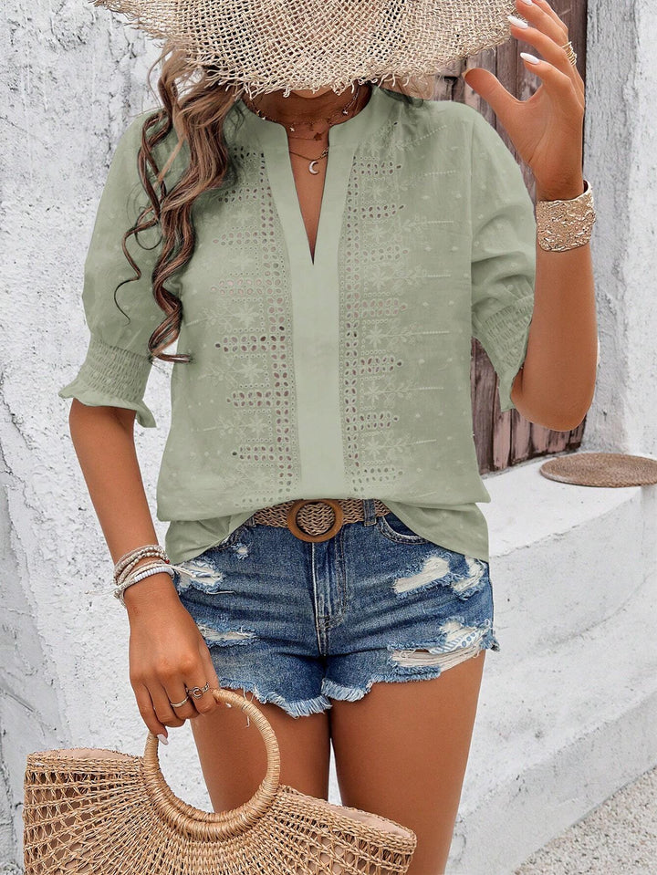 Blouse woman with decorative embroidery and short puff sleeves Lune London