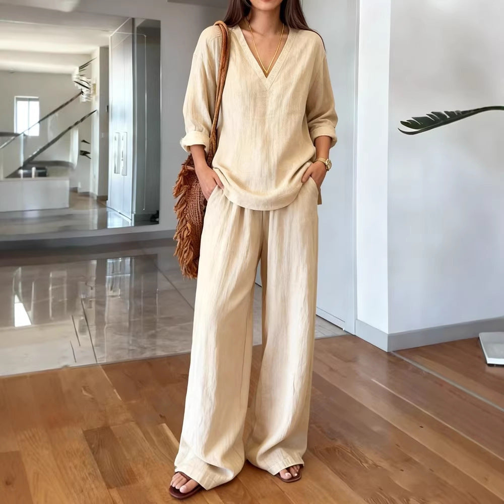 Women's Casual Linen Top and Wide Palazzo Pants Set Chic & Stil