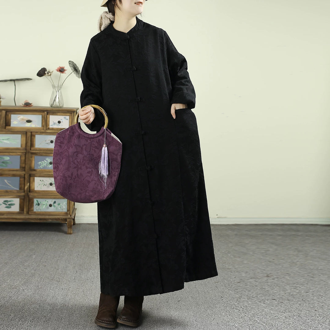 Lune London | Size Black Oriental Jacquard Spandex Coats with Buttons