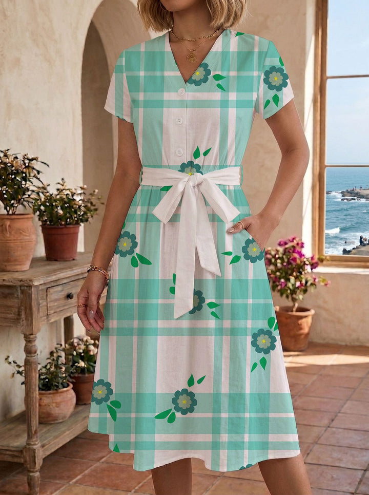 Women's casual maxi dress with adjustable knot and decorative check pattern Lune London