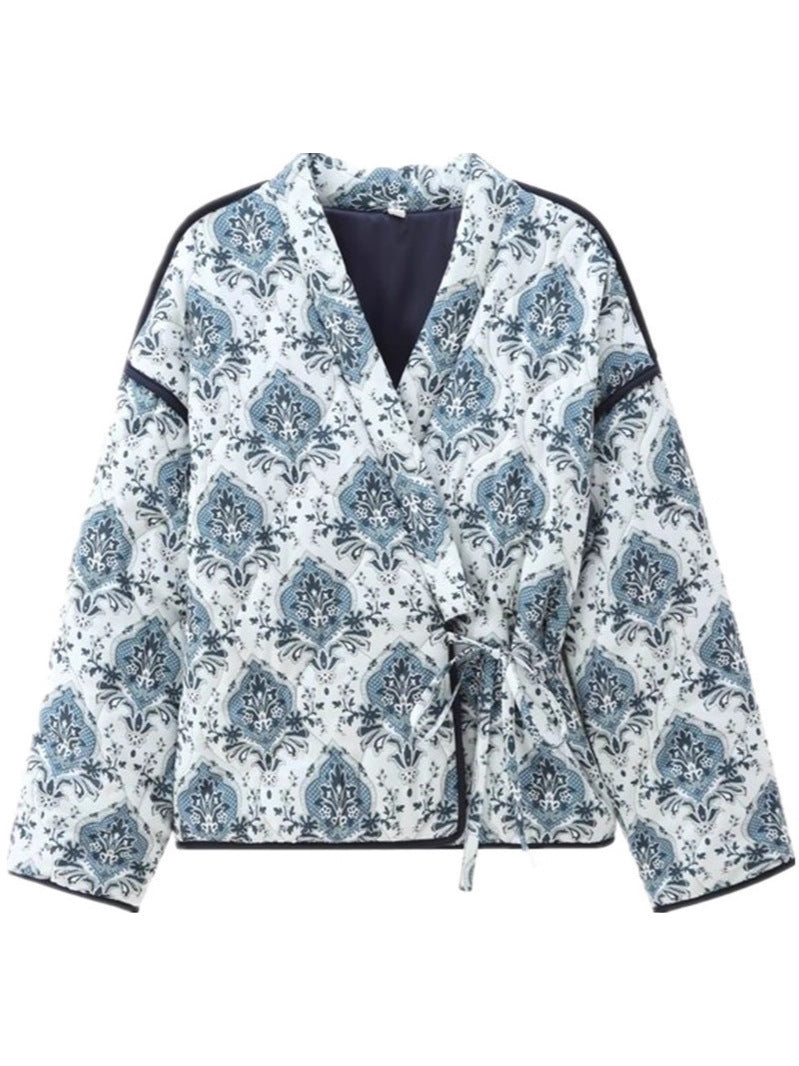 Elegant jacquard jacket for women with tie belt and luxurious pattern Lune London