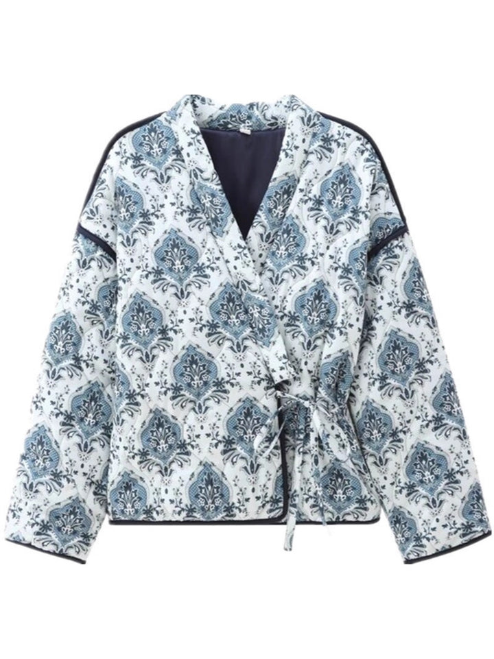 Elegant jacquard jacket for women with tie belt and luxurious pattern Lune London