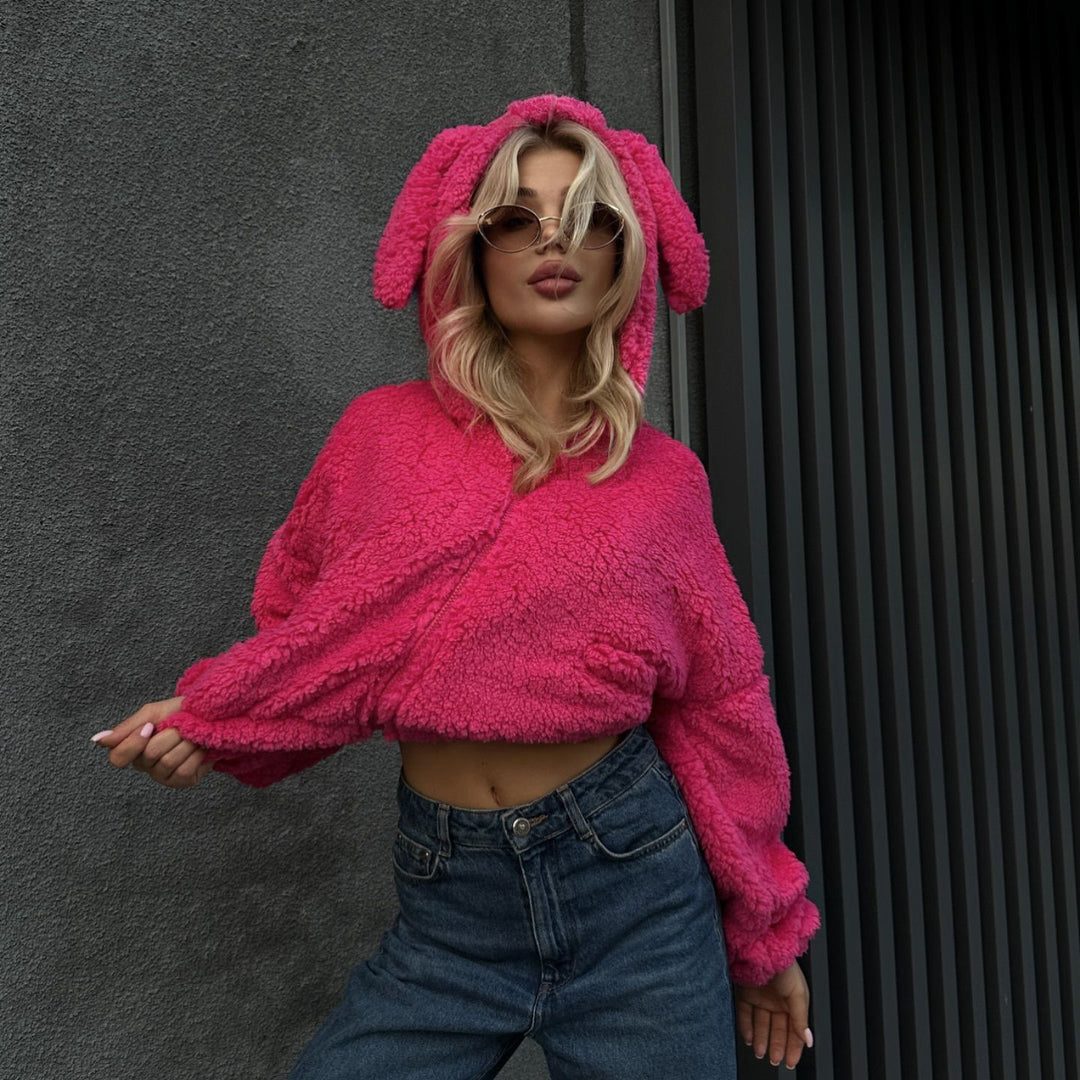 Ladies comfortable fleece jacket with animal hood design Lune London