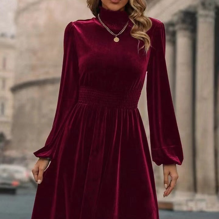 Women Velvet Dress with High Neck Design and Elegant Long Sleeves Lune London